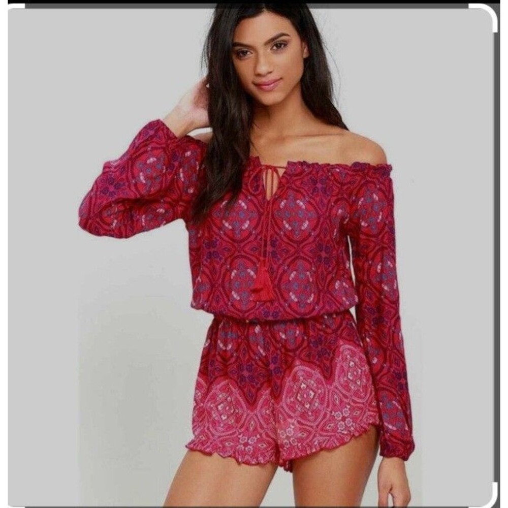 O’Neill Womens M Nashville Off Shoulder Romper Boho Red Pink Summer Paisley